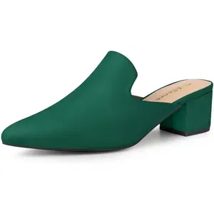 BLISSFUL STEP Slip on Pointed Toe Block Heels Slide Mules Green