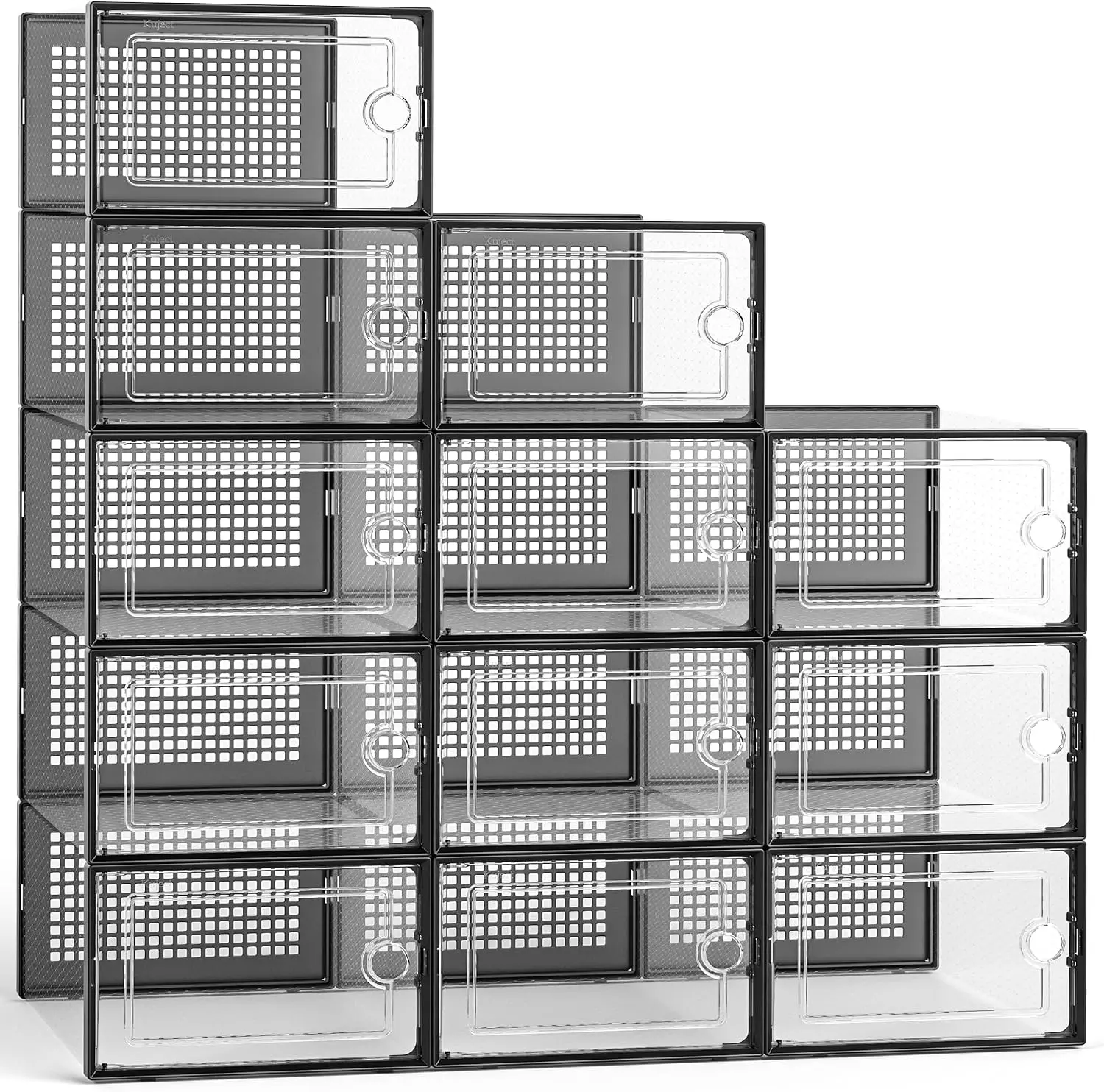 12 Pack Large Plastic Shoe Boxes, Stackable Storage Organiser Containers with Black Lids
