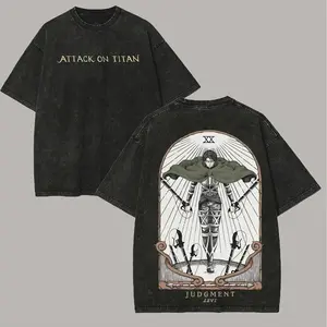 Black Washed Attack On Titan Levi Ackerman Captain Survey Corps Tarot Card Themed Graphic T Shirt for Men Oversized Crewneck Cotton Tee Casual Streetwear Top for AOT Fandom and Daily Wear