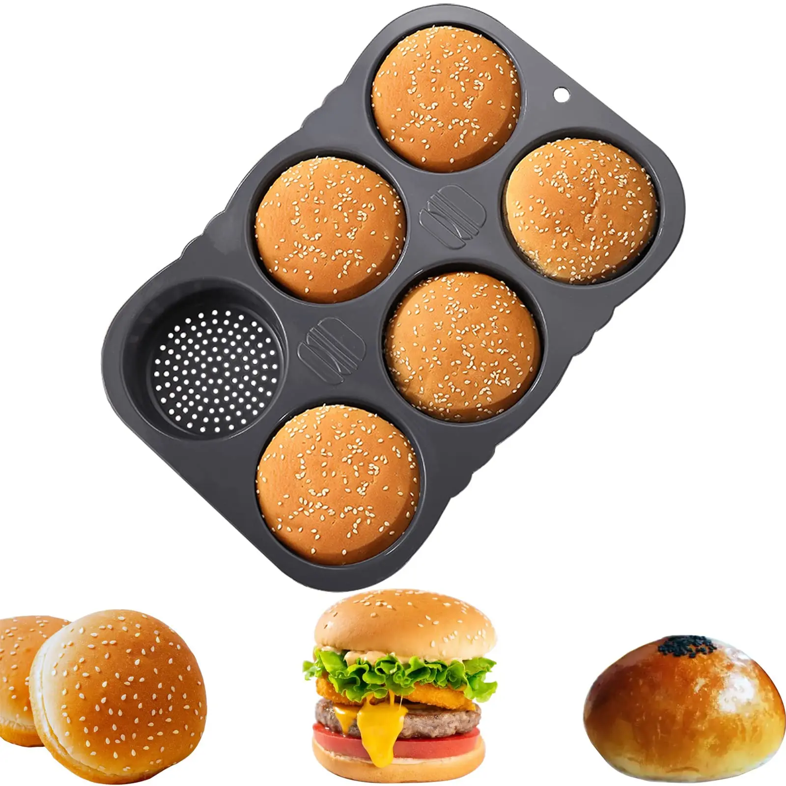 6 Cavity Hamburger Bun Mold, Non-stick Baking Pan, Easy To Release Household Silicone Food Baking Tool, Kitchen Accessories, Baking Supplies, Bakery Molds