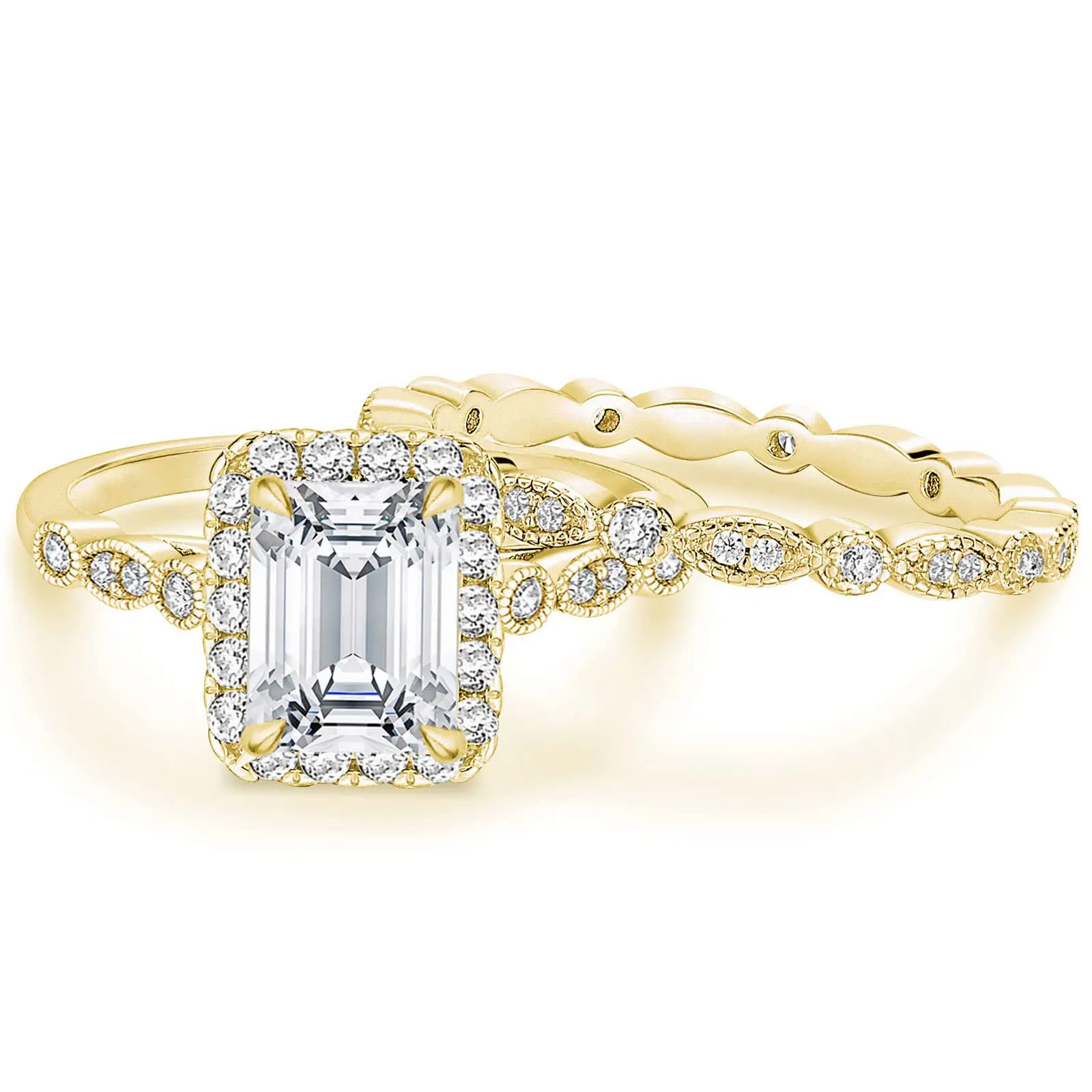 EAMTI 14K Gold Plated Bridal Ring Sets 2CT Emerald Cut CZ Engagement Vintage Promise Rings Marquise Wedding Bands for Women