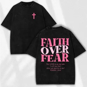 Faith Over Fear Washed Christian T-Shirt – Pink Faithcore Vintage Jesus Tee | Psalm 118:6