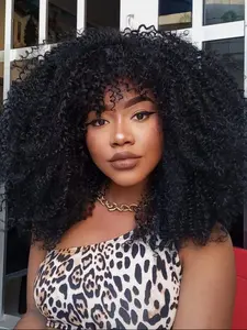 Curly Wig with Bangs Included for Black Women 16 Inch Afro Curly Texture Wigs Synthetic Fiber Glueless Long Kinky Curly Hair for Cosplay and Daily