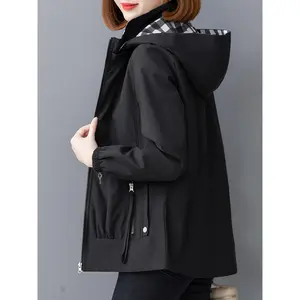 Women's Two-Way Dual-Sided Casual Checkered Windbreaker Jacket - Loose Fit Zipper Front Spring/Fall Outerwear, Black & White Gingham Pattern, Japanese-Korean Inspired Style, Quality Construction Womenswear Coats