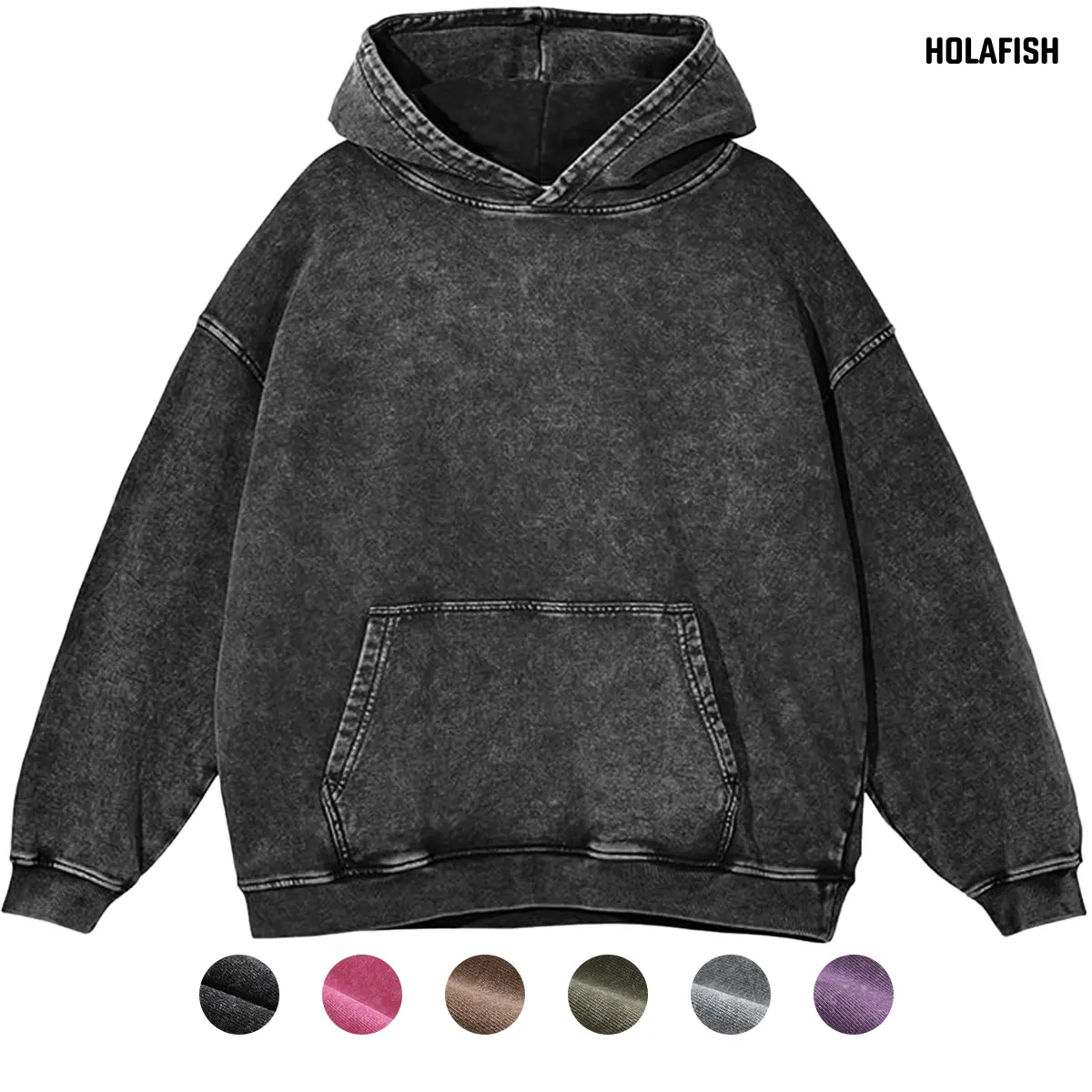 Holafish Men's Retro Plain Cotton Fleece Long Sleeve Unisex Oversized Acid Wash Preppy Hoodie - Soft Stretch, Kangaroo Pocket, Ribbed Cuffs & Hem, Casual Pullover, Fall Street Style Sweatshirt