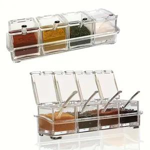 A set of clear acrylic boxes with four compartments, including spoons, designed for clear spice storage. Ideal for storing salt, sugar and other condiments, this kitchen is perfect for restaurant use, Spice Jars