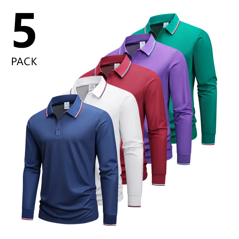 5-Pack – Men’s Outdoor Golf & Equestrian Casual Long-Sleeve Polo Shirts, Mature Men’s Business Casual Polos, Breathable and Comfortable, Suitable for Daily Office Commuting in Spring and Autumn