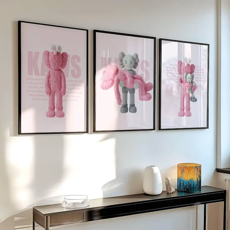 Hypebeast Toys Poster, 3 Piece Set, Kaws Poster Pink/Grey Unframed