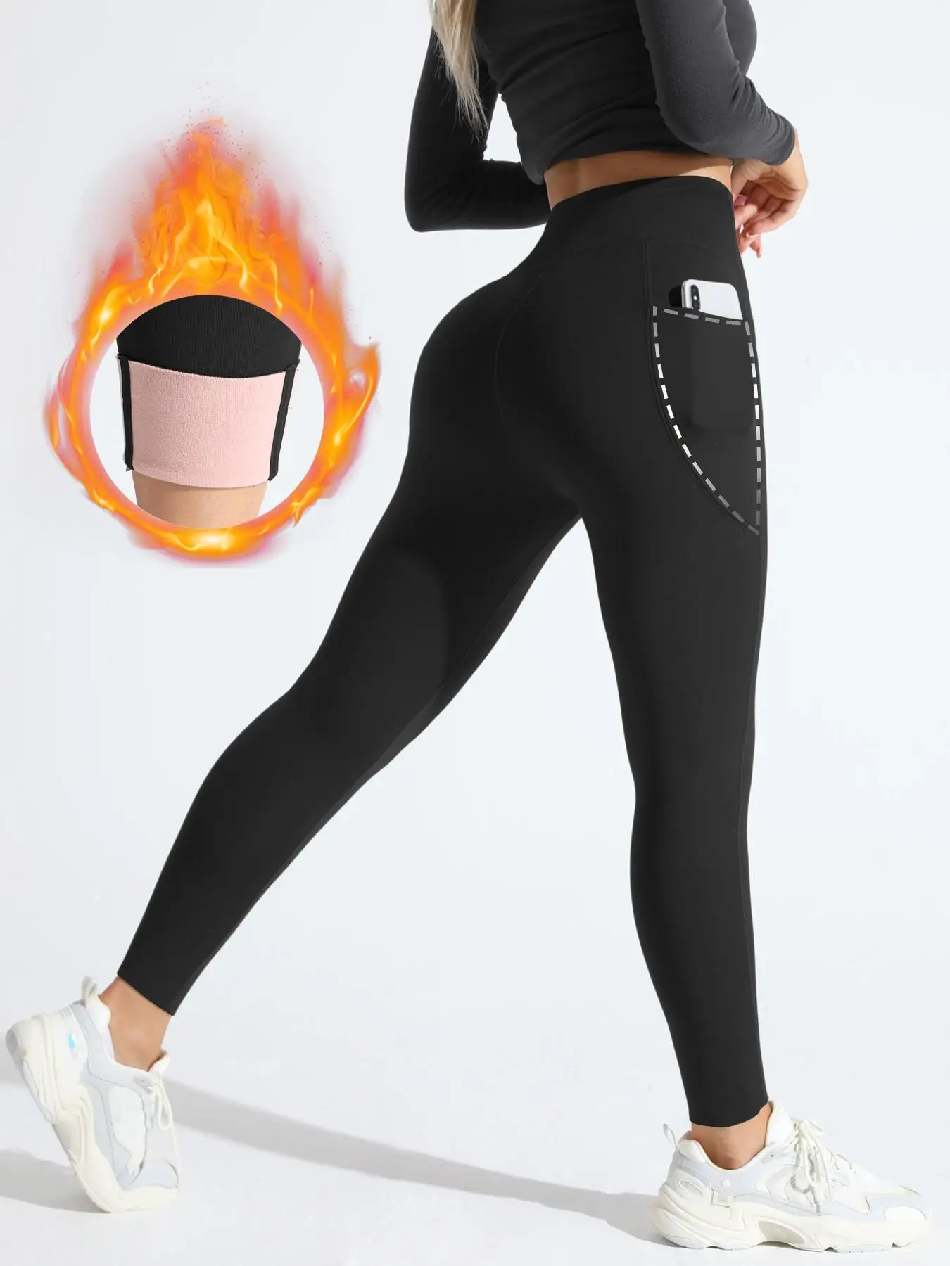 Women's Solid High Waist Pocket Thermal Lined Sports Leggings, Casual Comfy Breathable High Stretch Yoga Tummy Control Leggings, Ladies Sportswear for