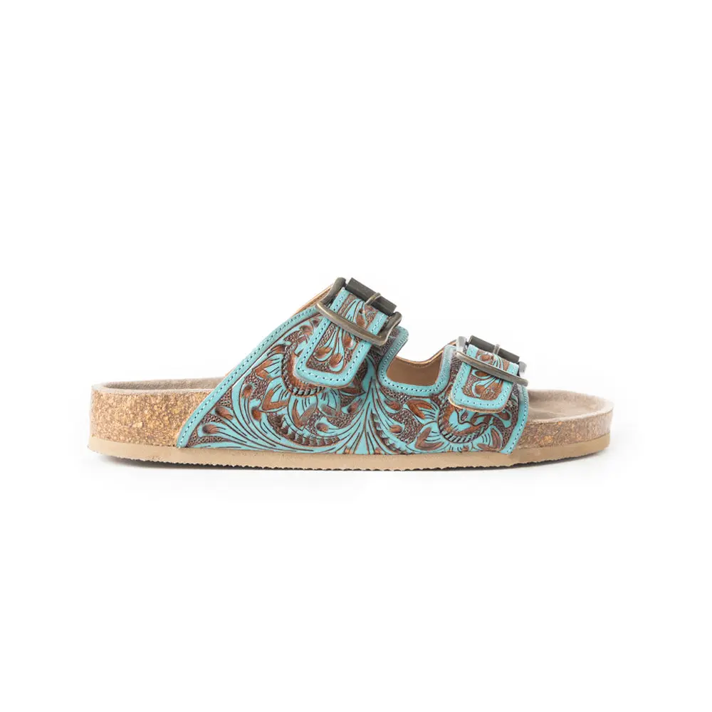 Myra Falling Feather Genuine Leather Slide Sandals for Women, Hand-Tooled Western Summer Sandals with Comfort Footbed