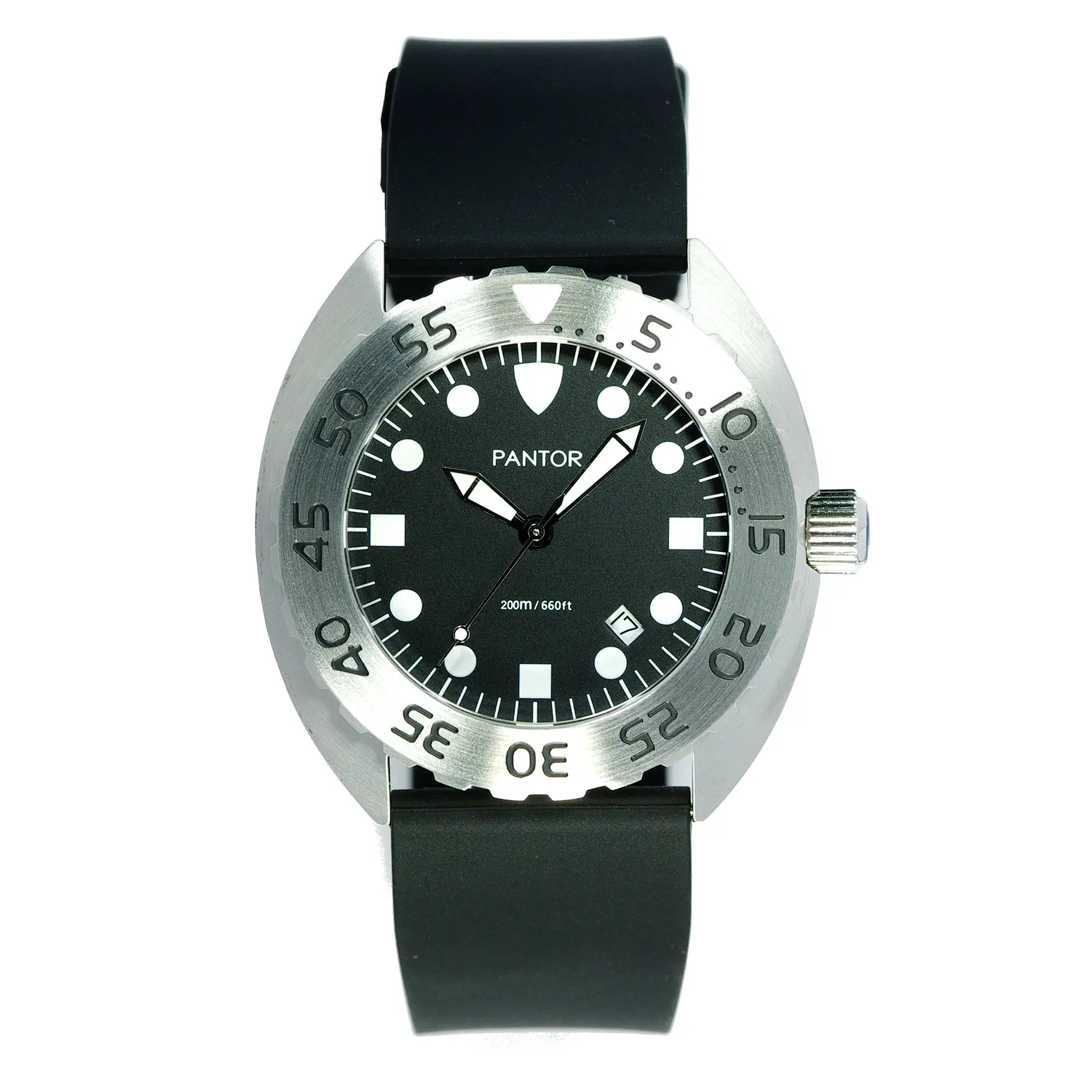 PANTOR Nautilus 515 Dive Watch -200m Diver Watches for men with Swiss Quartz movement, 45mm Diving watch with Rotating Bezel and Rubber Strap(Silver)