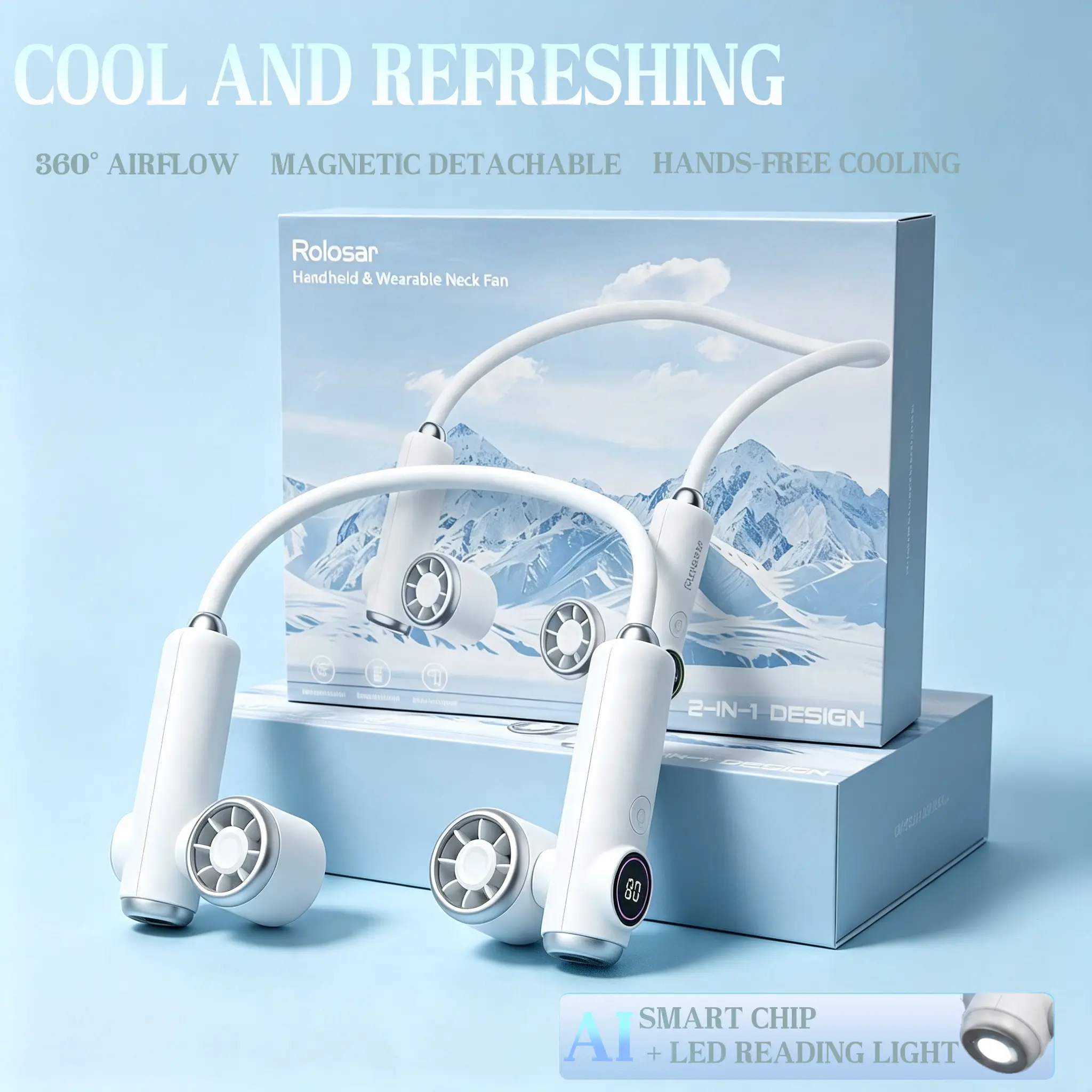 Hands-Free Neck Fan with Magnetic Detachable Design & LED Light, Smart AI Cooling Fan, Perfect Summer Gadget for Hot Weather