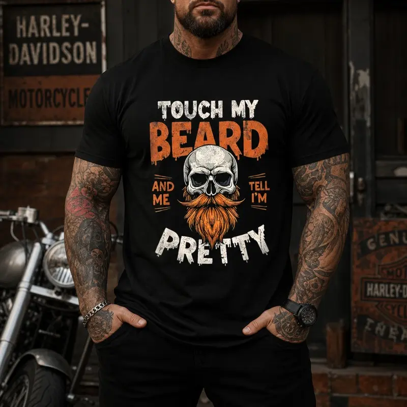 Men Touch My Beard And Tell Me Im Pretty Skull Beard Front Print T Shirt Funny Biker Bearded Man Graphic Cotton Short Sleeve Tee For Men Back To School September Halloween Gift For Men Birthday Gift