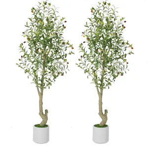 5/6/7FT Faux Olive Tree 1PC & 2 Pack, Artificial Silk Plant with White Planter, Green Leaves & Big Fruits for Home Office Living Room Decor