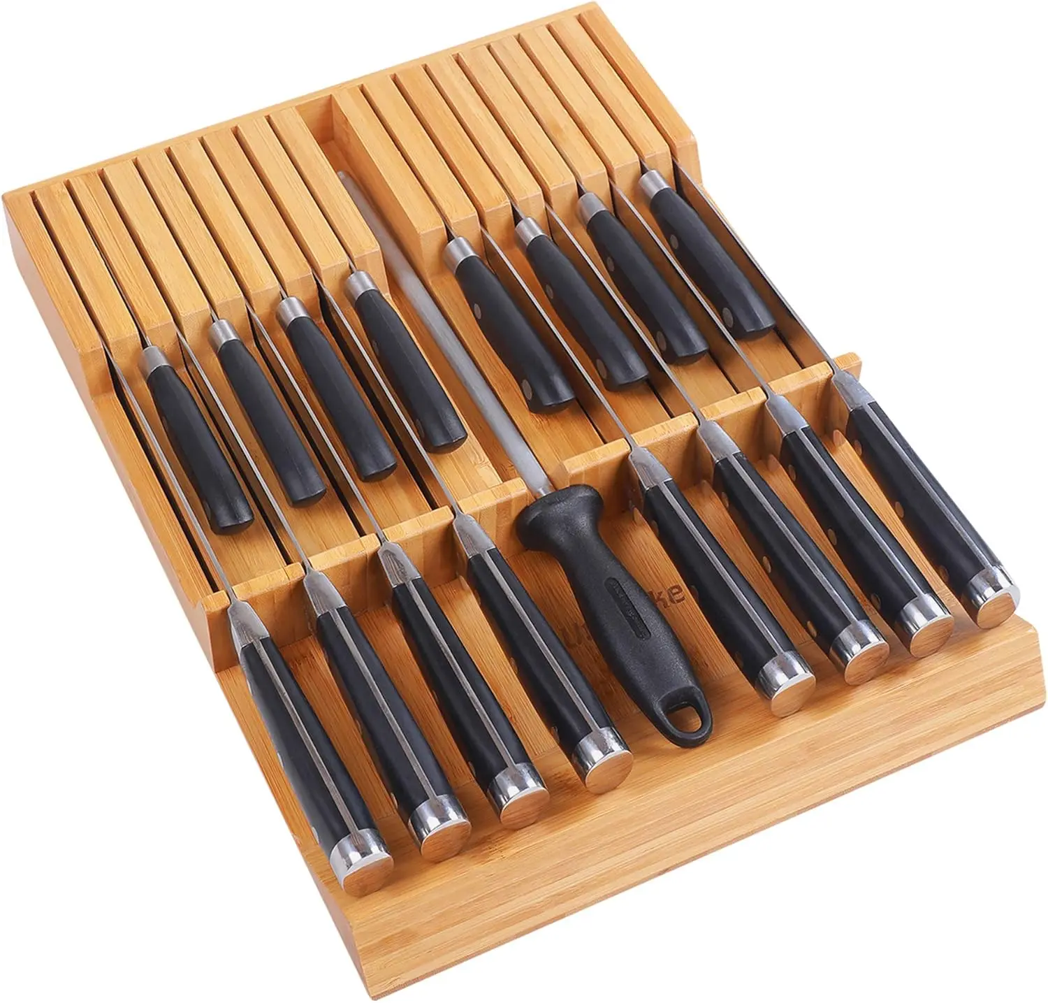 Utoplike In-drawer Knife Block Bamboo Kitchen Knife Drawer Organizer Large, handle Steak knife Holder without Knives, Fit for 16 Knife and 1 Sharpening...