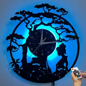 Bonsai Tree Geisha LED Vinyl Wall Clock 7 Color Changing Lights Elegant Japanese Style Decor Perfect Gift for Women Housewarming Wedding (Battery Not Included)