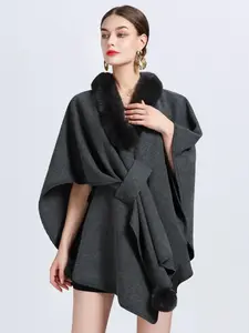 Women’s solid color shawl with contrast faux fur trim, casual warm cape shawl for daily wear, fashion accessories for women and girls, trendy solid shawl