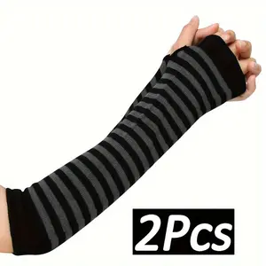 Punk Striped Knit Gloves - Elastic, Warm Mid-Length Fingerless Design for Men & Women