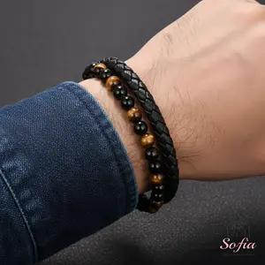 Men's Leather Braided Bracelet Natural Tiger Eye Obsidian Stone Bracelet Bangle Multilayer Braided Wristband Boho Style Magnetic Closure for Daily Use gift for him
