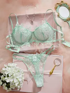 Women's Light Green V-Neck Bra Embroidered Lace Sheer Lingerie Set with Elastane Fabric, Lace Trim, Floral Embroidery, Elegant Versatile Style, Suitable for Christmas Gifting & Daily Wear