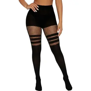 Sexy Faux Thigh High Tights Mock Suspender Pantyhose Fishnet Stockings Striped Goth Fishnets for Women