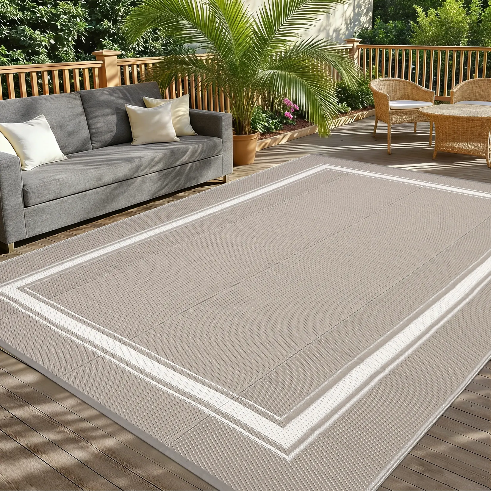 Outdoor Bordered Rug 100% Virgin Polypropylene Plastic Reversible Eco-Friendly Waterproof Easy to Clean Versatile for Balconies Terraces Beaches RVs Picnics and Pools