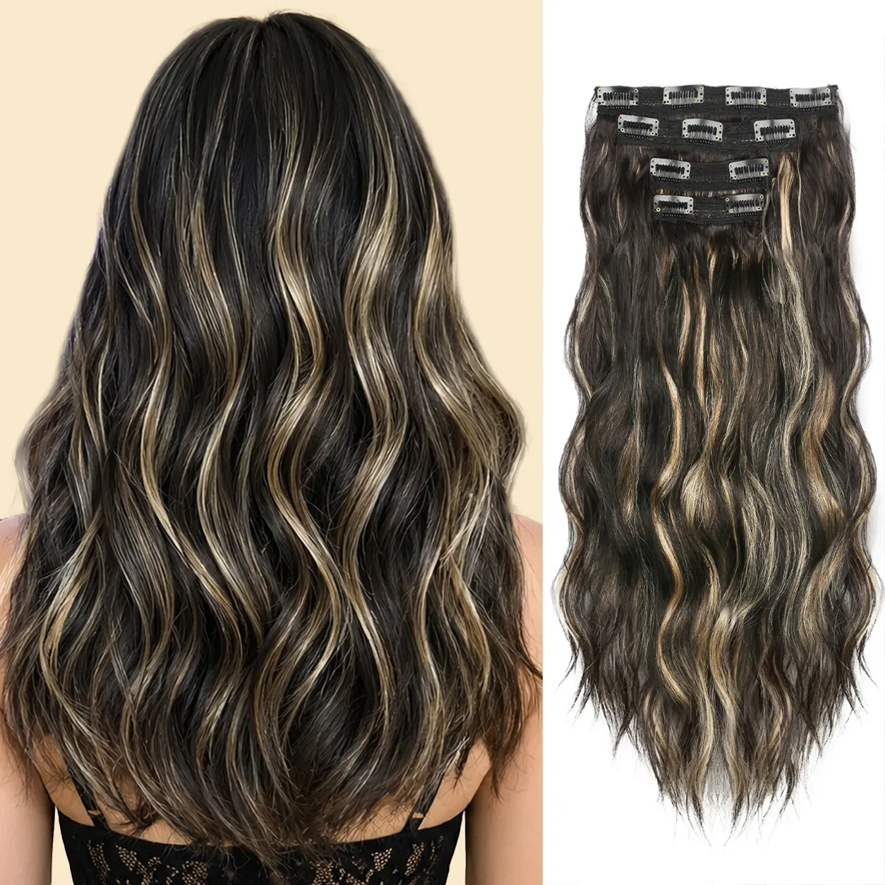 Black & Blonde Mix Synthetic Curly Clip-In Hair Extensions - 20 In, Soft Hair, 4 Pcs
