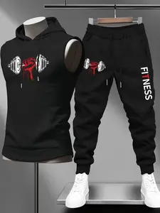 Men's Fitness Print Sleeveless Hoodie & Joggers 2-Piece Set, Gym Training Outfit with Dumbbell Graphic, Casual Workout Set for Lifting, Sports Fitness Tracksuit #springsaledeals2026 #summeroutfits #tiktokshopmademebuyit #menfashion