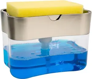 Dish Soap Dispenser and Sponge Holder for Kitchen Sink, Sponge Included, 13 Ounces, Metallic Silver