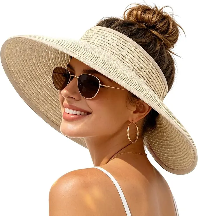 CUBIDUPI Women's Wide Brim Straw Sun Visor Hat, Foldable Packable Beach Travel Hat with Ponytail Opening, Lightweight Summer UV Sun Hat for Vacation, Pool, Golf & Outdoor Wear,camping essentials