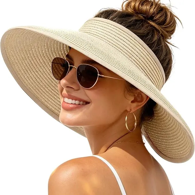 CUBIDUPI Women's Wide Brim Cool Straw Sun Visor Cap - Foldable, Packs Flat in Bag, Light Straw Feels Airy Breathable Sun Hats with Ponytail Opening, UV-Protective Head Cover for Vacation, Golf