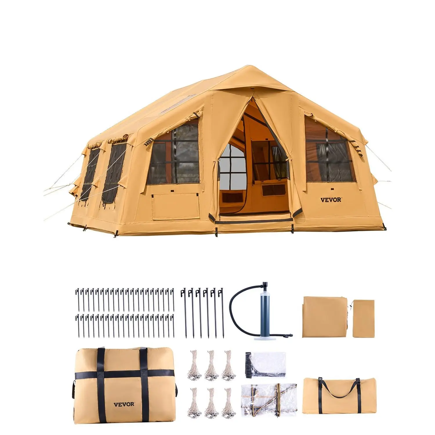 VEVOR Inflatable Tents for Camping, 8-12 Person Easy Setup Blow up Tent with Hand Pump, 4 Season Luxury Glamping Tent with 2 Skylights, Canopy, Stove Jack, 2 Doors Mesh Windows (Include Storage Bag)