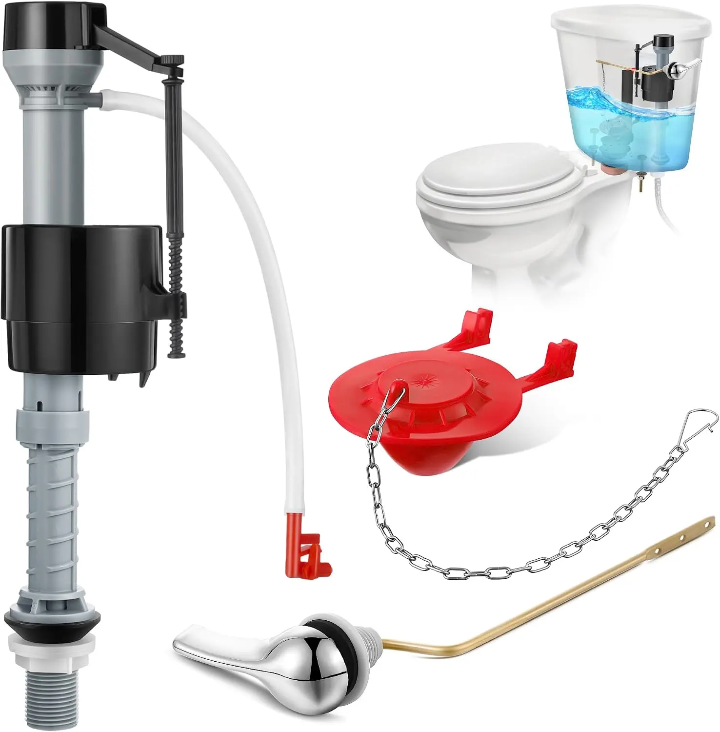 Universal Toilet Flusher Replacement Kit - Fill Valve, 2-Inch Flapper, Side Mount Handle Lever, Water-Saving Adjustable Toilet Repair Kit Inside Tank, Easy to Install (1 Set, Black, Red)