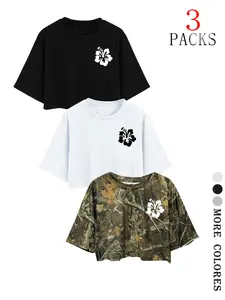 American Retro Style Women's Short Sleeve T-Shirt Floral Print Activewear Set for Summer, Loose-Fitting Kint Fabric Sportswear for Gym and Daily Wear