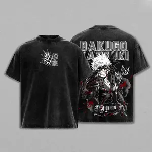 Katsuki Bakugo My Hero Academia Tee Washed – 2 Face Printed Vintage Oversized Heavy Cotton Anime Manga T-Shirt, Retro Unisex Streetwear Graphic Top, MHA Movie Season 8 Hero Rising Edition, Gift for Anime Fans My Hero Academia anime merchandise