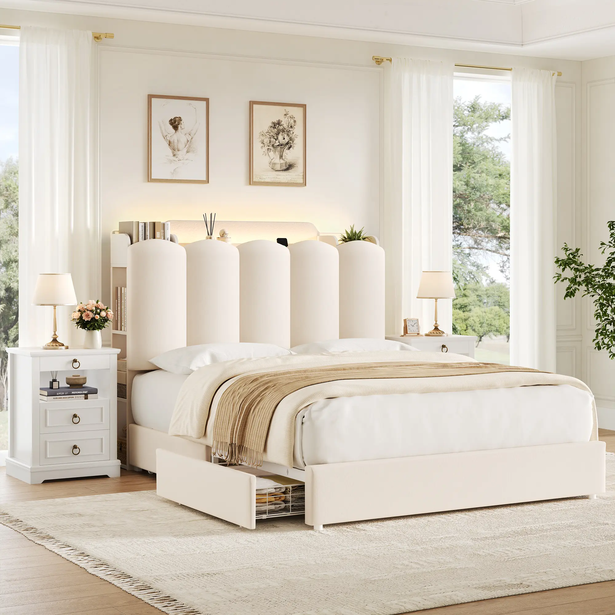 【No Mattress】HOSTACK Upholstered Platform Bed Frame with Storage Headboard, LED Bed Frame with Charging Station, Velvet Headboard with Drawers & Shelves, USB & Type-C Ports, No Box Spring Needed