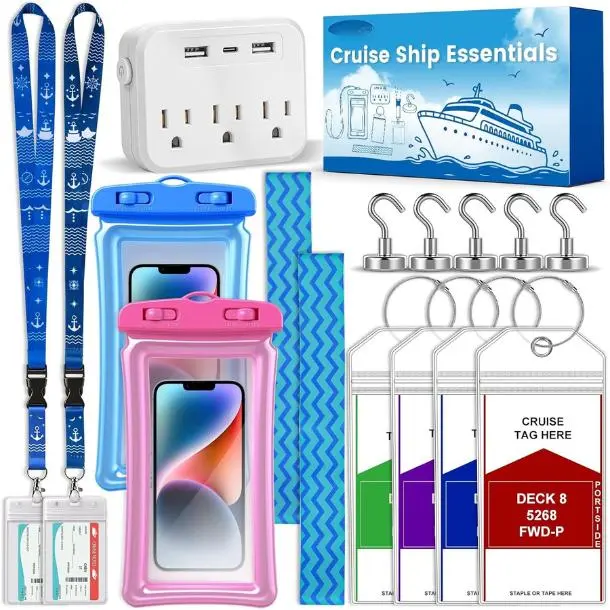 Mothers Day Gift Cruise Essentials 2026,Cruise Must Haves Kit,Non-Surge Protector Power Strip,Magnetic Hooks,Lanyards,Luggage Tags,Towel Bands,Waterproof Phone Pouches,Travel Essentials