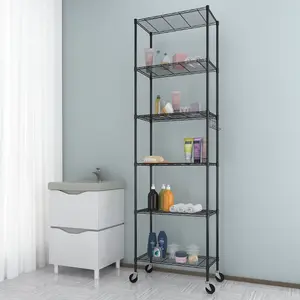 6-Tier Standing Storage Shelf with Wheels, Height Adjustable, Heavy Duty Shelving Unit with Hook for Bathroom Kitchen Garage Bedroom Trolley Rack Vanity Organizer