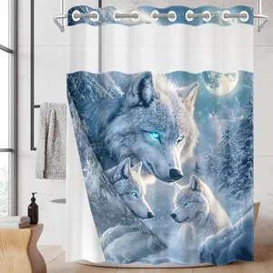 1PC/4PCS 2D Flat Printing Winter Joy Blue - Eyed White Wolves in Snowscape Patterned shower curtain, home bathroom decor, Printed Shower Curtain, shower curtain set with 12 hooks, non-slip bathroom rug, U-shaped toilet seat cover, toilet seat mat.