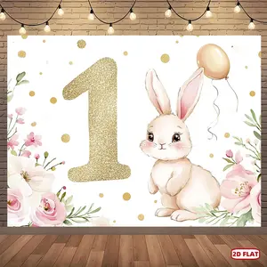1pc 2D Flat, One-Year-Old Bunny Birthday Backdrop with Pink Flowers & Golden Details X X Birthday banner supplies, cake table photo booth props, banner decoration