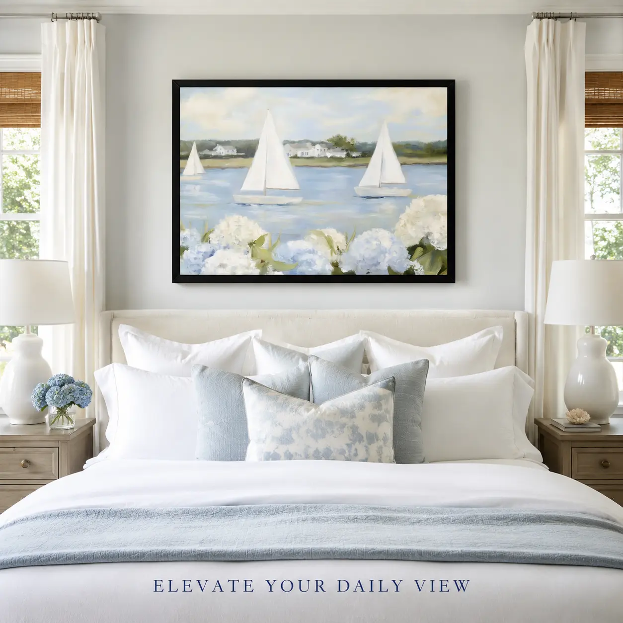 Sailboat and Hydrangea Canvas Wall Art, Soft Blue New England Coastal Print, Framed or Unframed for Bathroom, Bedroom & Dorm