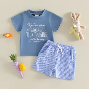 Toddler Baby Little Boy Easter Outfits Short Sleeve Bow Cross Print Tops and Elastic Waist Striped Shorts Set 6M-4T