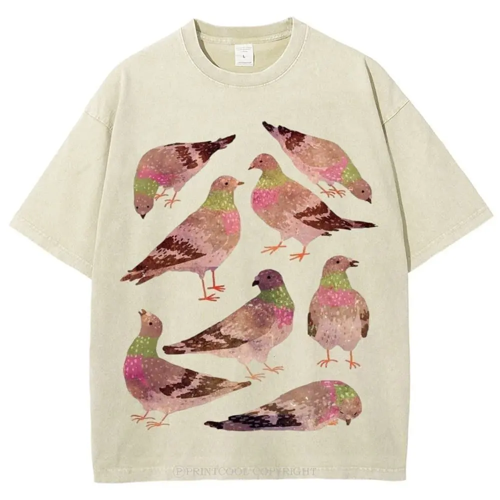 Unisex Pink Pigeon Vintage Washed Tee Minimalist Streetwear Anime Inspired Trending Graphic Tee Gift Idea