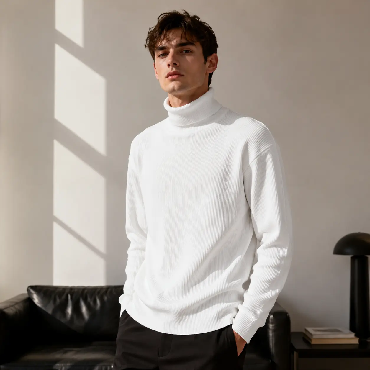 Men's Ribbed Knit Turtleneck Sweater, Basic Solid Pullover, Chic Slim Fit High Neck Thermal Layer for Thanksgiving, Office