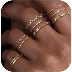 CASSIECA 9pcs Stacks Rings Gold Silver Waterproof Adjustable Statement Rings for Women Stackable Thumb Finger Engagement Promise Ring Set Jewelry, Stacking Ring Set, Metal Coating SummerVibes