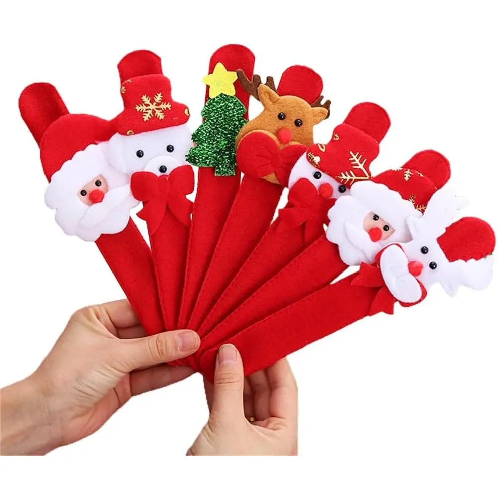 2 Pack Christmas Slap Bracelets Cute Felt Santa Snowman Reindeer Xmas Tree Snap Wrist Bands Kids Party Favor Decor Holiday Gift For Children Family Classroom