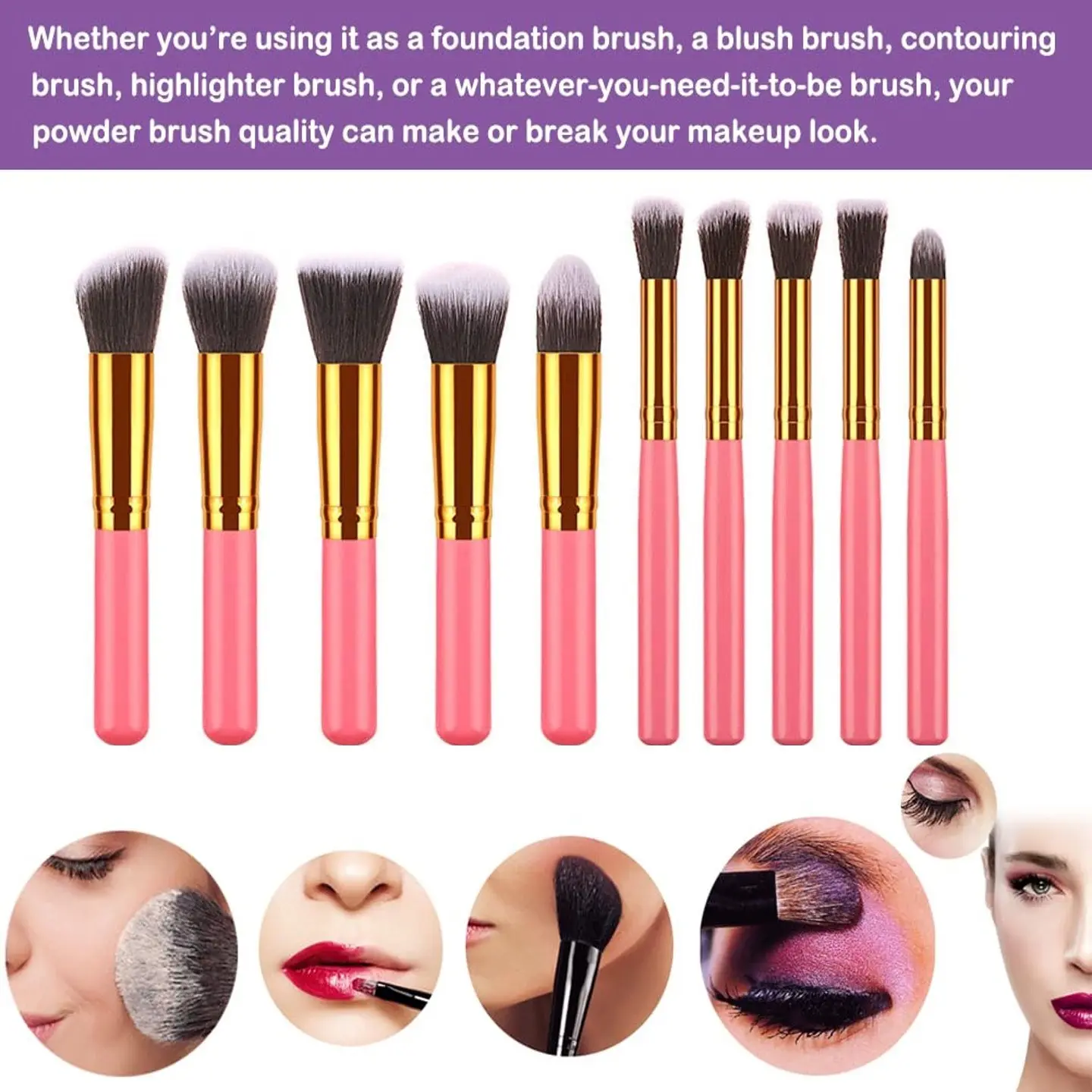 Set of 10 Makeup Brushes in Pink Golden Color sheglam glitter forever bloom hairlike browpen