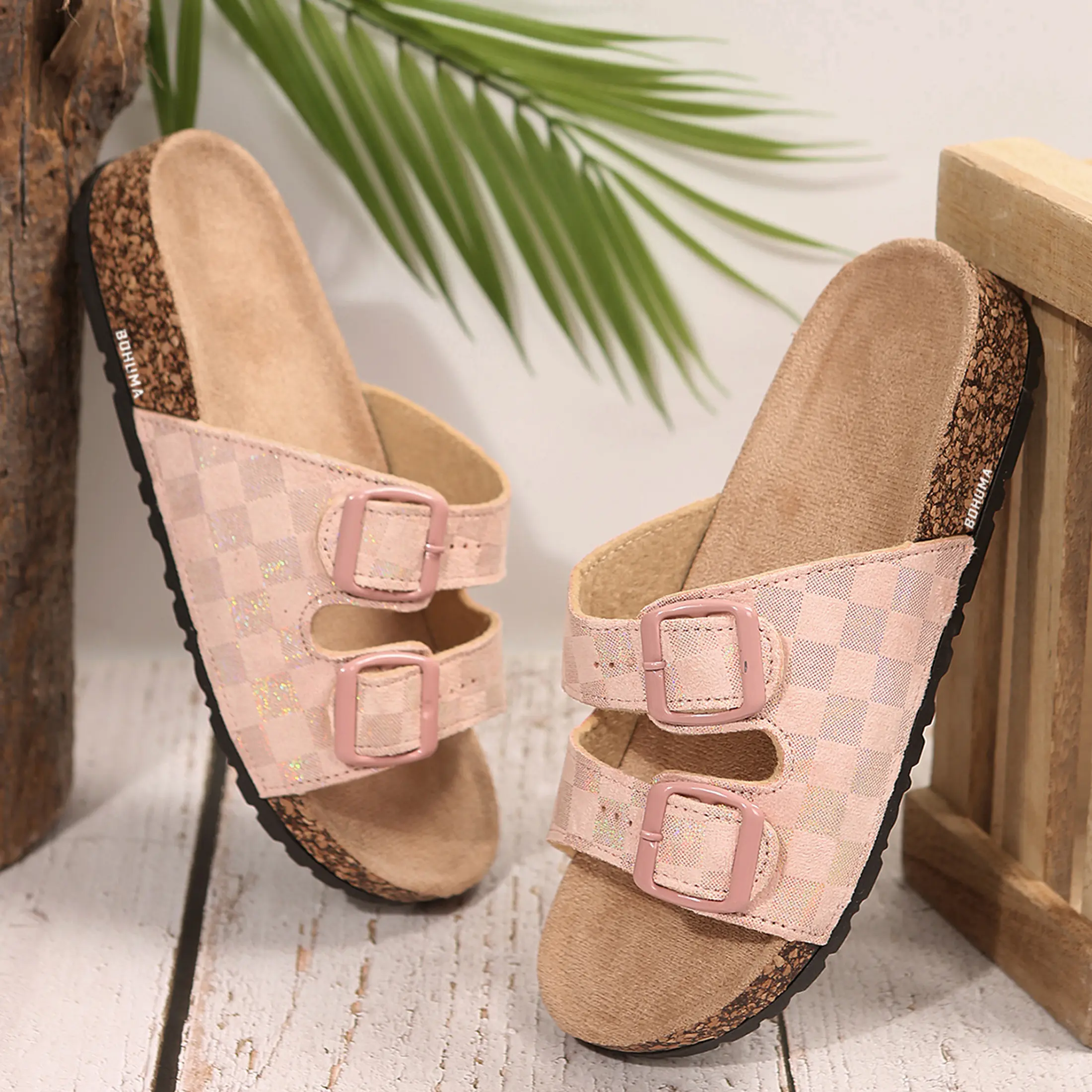 Women's Checkered Two-Strap Slide Sandals  Design and Adjustable Buckles Indoor Outdoor Shoes