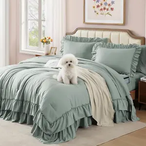 Queen Comforter Set Sage Green, Ruffle Shabby Chic Bedding Set Farmhouse 7 Pieces, All Season Fluffy Bed in a Bag with Sheets, Pillowcases & Shams