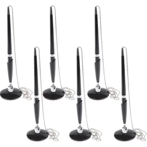 6 Pieces Desk Pen with Ball Chain Secure Pen with Adhesive Pen Chain and Security Pen Holder Ink Reception Counter Pen for bank Office Supplies (Black)